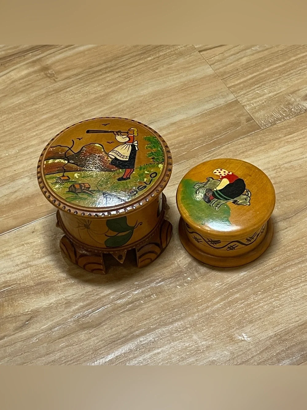 Vintage Norwegian Hand Painted Wooden Tine Boxes - Sogndal